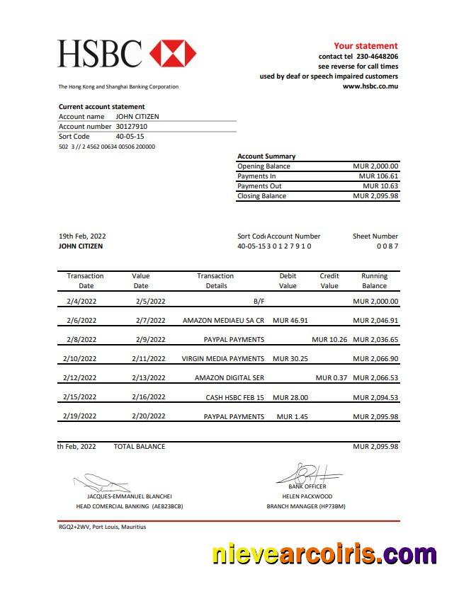 Mauritius HSBC bank statement